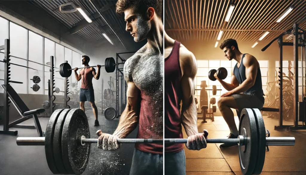 A split-image concept showing two different workout techniques: one man lifting a heavy barbell with chalked hands for strength training, while another performs controlled dumbbell exercises for muscle toning in weight training. The gym setting enhances the contrast between the training styles.