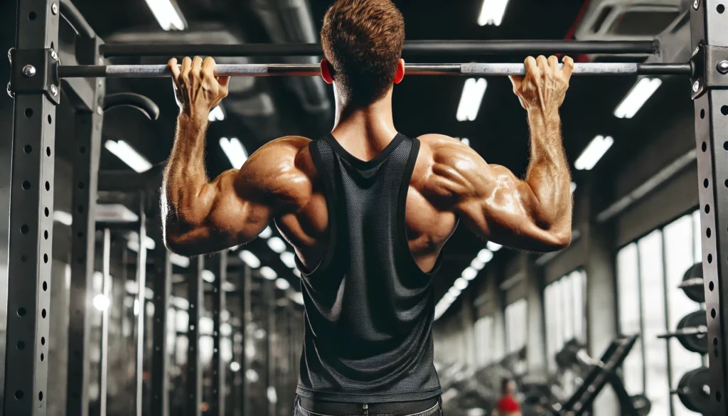 A fit and muscular man doing pull-ups in a gym, showcasing upper body strength and endurance. His well-defined arms and back muscles emphasize fitness and muscle-building.