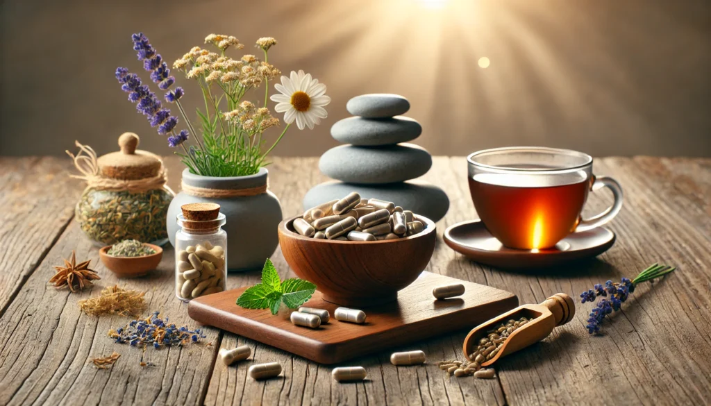 A peaceful meditation setup featuring a wooden bowl with herbal capsules, a cup of chamomile tea, dried lavender flowers, and a small Zen rock garden, bathed in gentle, diffused sunlight.