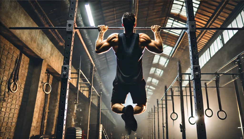 A muscular man doing a pull-up on a sturdy bar in a hardcore gym setting, displaying back muscle activation and endurance.