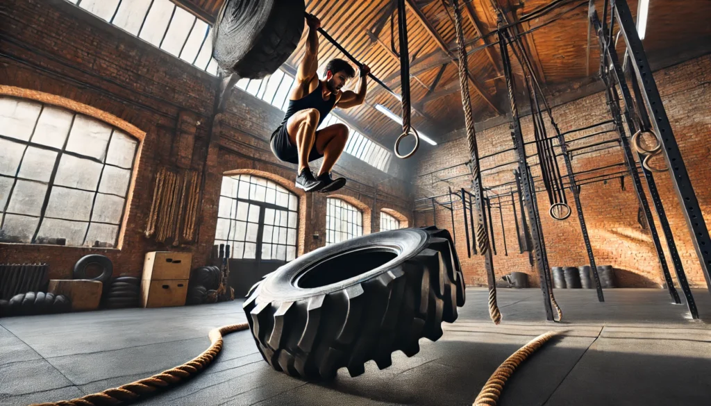 A powerful athlete flipping a massive tire in an industrial-style gym, showcasing full-body strength and explosive power