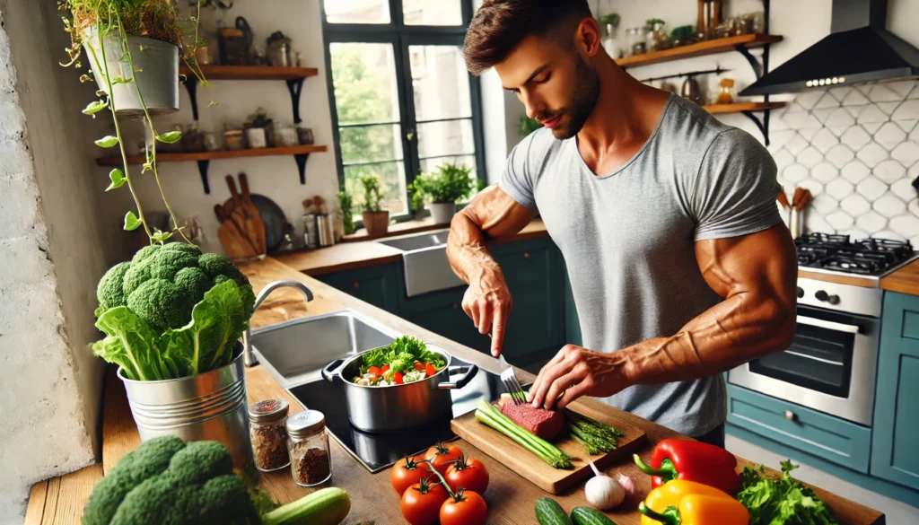 A man cooking a healthy meal in a modern kitchen. He is preparing a nutritious dish with fresh vegetables and lean protein, showcasing a lifestyle focused on wellness and muscle-building nutrition.