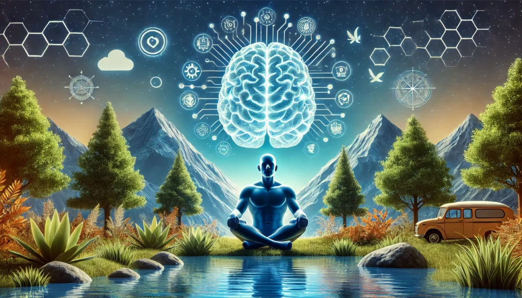  A glowing human brain with neural connections, set against a tranquil natural landscape to emphasize emotional clarity and relaxation.