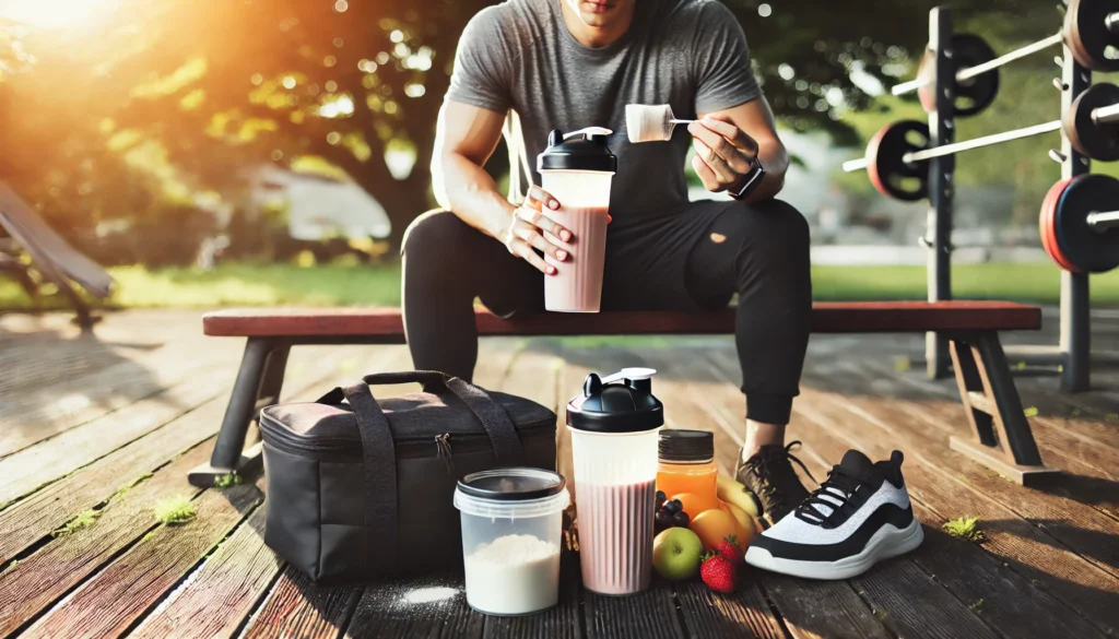 A fitness influencer preparing a protein shake outdoors after an intense workout. A shaker bottle, protein powder, fresh fruits, and a sports bag are placed on a workout bench, symbolizing post-workout nutrition and muscle recovery.