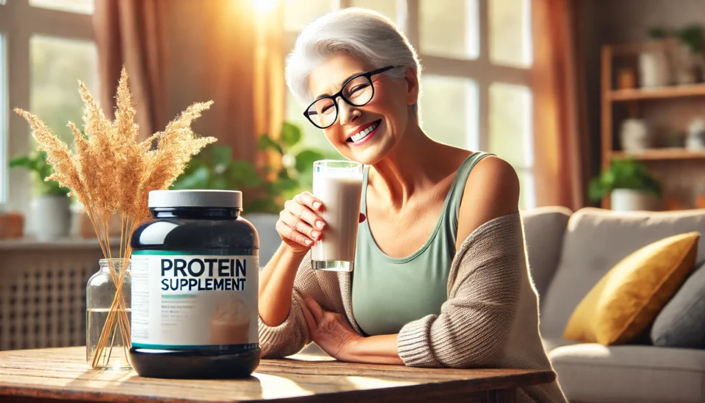 A senior woman in a cozy home environment, happily drinking a protein shake with natural lighting and a warm atmosphere, with a container of protein supplement placed nearby, symbolizing wellness and active aging.