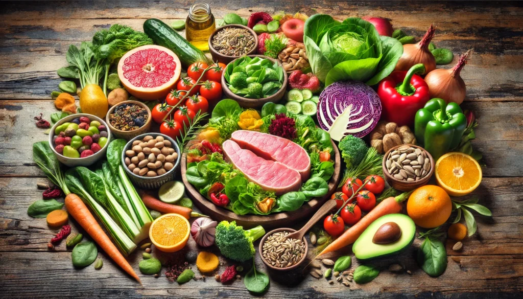 A vibrant, nutritious meal with fresh leafy greens, colorful vegetables, and lean protein, artfully arranged on a rustic wooden table, symbolizing health and longevity through nutrition."