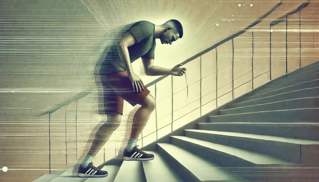 A man struggling to walk up stairs, with a blurred motion effect on his legs indicating weakness. His face expresses exhaustion, and the background subtly directs focus to his difficulty in movement.