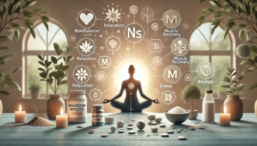 A serene scene of a person practicing mindfulness or yoga, surrounded by symbols of relaxation, muscle recovery, and energy balance, with soft natural lighting to evoke well-being.