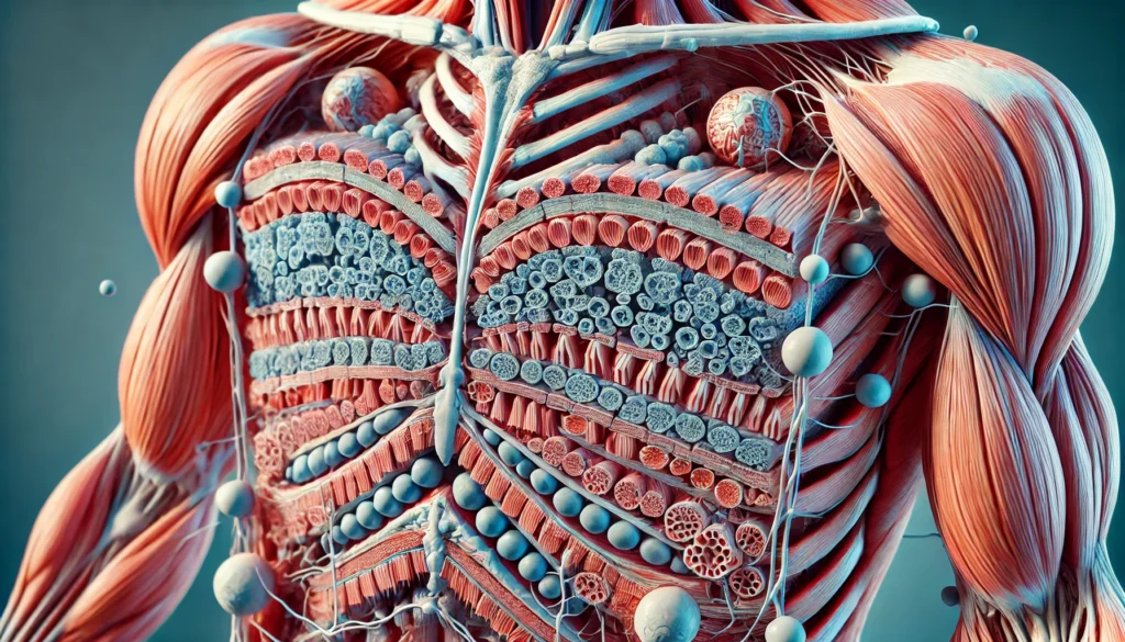 An anatomical cutaway of skeletal muscle tissue, displaying layers from the outer muscle sheath to microscopic fibers, providing a clear educational breakdown of muscle composition.