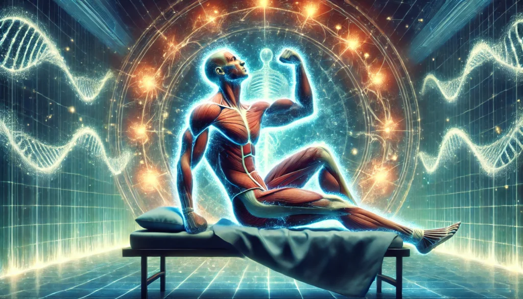 An artistic concept of muscle recovery, showing a strong figure in deep sleep, with glowing energy waves around their muscles, set in a peaceful futuristic recovery chamber.