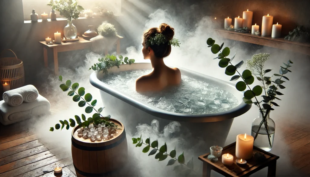 A serene spa setting with a person relaxing in an ice bath, surrounded by steaming water and eucalyptus leaves, evoking a calming atmosphere.