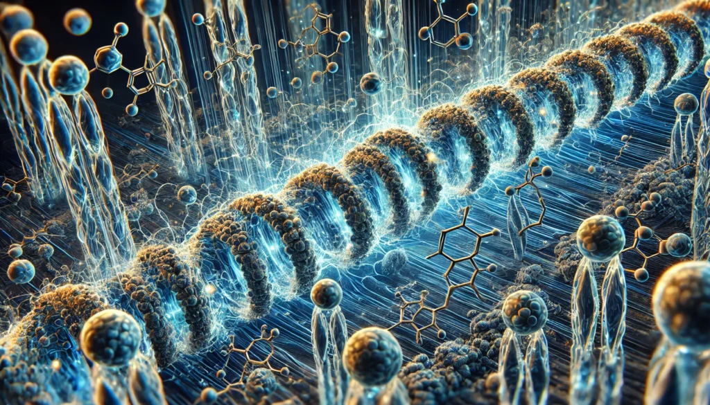 A high-tech visualization of ribosomes producing actin and myosin proteins, assembling into muscle fibers.