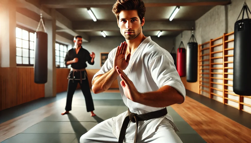 A man confidently defending himself in a martial arts training session, demonstrating agility, strength, and preparedness. The well-lit dojo setting with wooden flooring and training equipment highlights physical discipline.