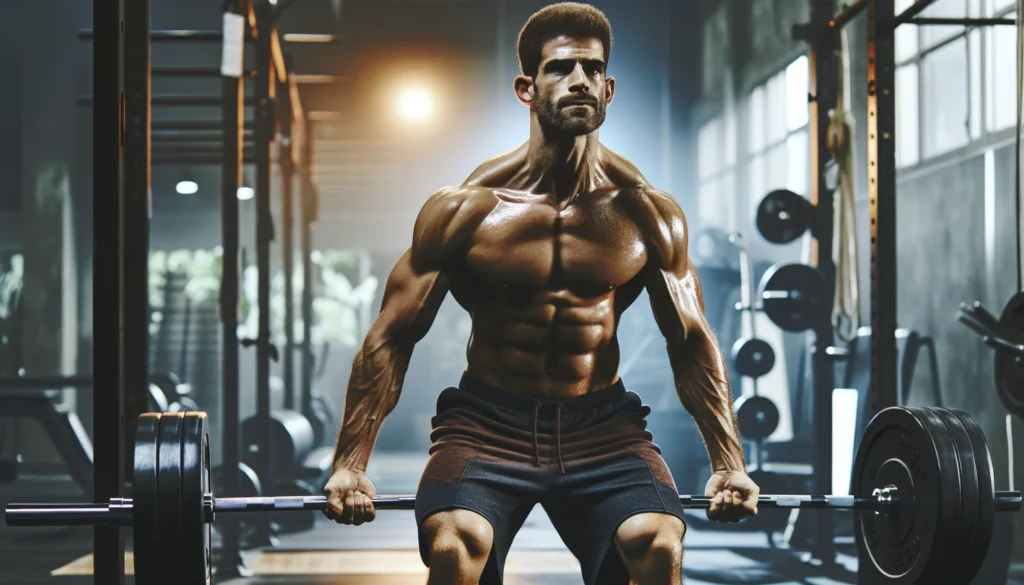 A muscular man performing an intense deadlift in a well-lit gym. His chiseled physique and defined muscles are highlighted by dramatic lighting, showcasing raw strength and endurance.