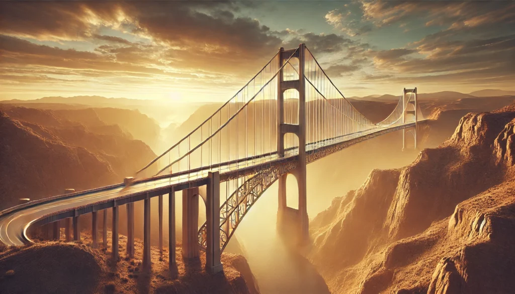 "A majestic bridge spanning a vast canyon under a golden sunrise, illustrating strategic planning, stability, and long-term connections."