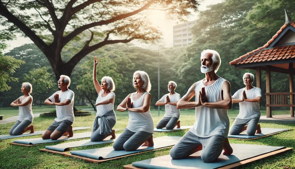 A group of seniors practicing yoga in a peaceful outdoor park, maintaining balance and flexibility. The serene setting with trees and clear skies reinforces mindful exercise and longevity.