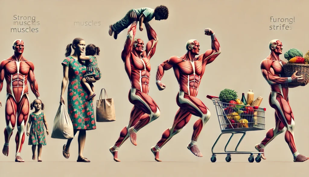 A powerful depiction of an individual using strong muscles for everyday activities like carrying groceries, lifting a child, and maintaining good posture.