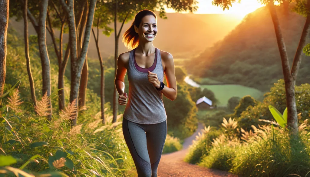 A fit and healthy woman in her 40s jogging along a scenic outdoor trail during golden hour, surrounded by lush greenery and bathed in a warm sunset glow, reflecting an active and sustainable weight loss lifestyle.