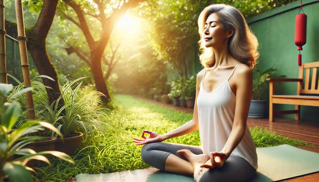 A serene middle-aged woman practicing yoga outdoors at sunrise, sitting cross-legged on a mat surrounded by lush greenery. The peaceful setting symbolizes relaxation, balance, and menopause relief through mindful exercise.