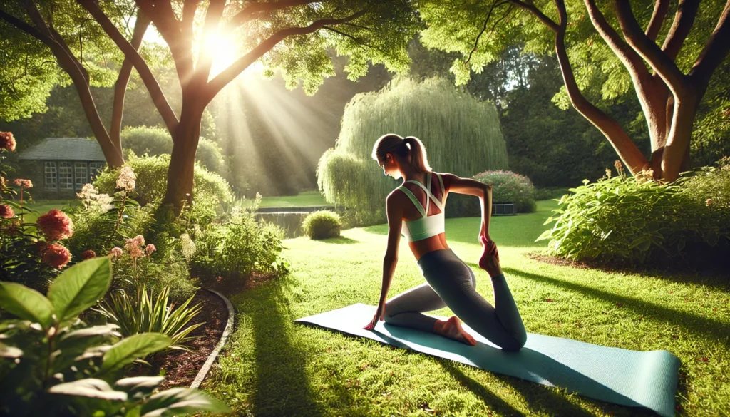 A middle-aged woman practicing yoga in a sunlit park, surrounded by lush greenery. Her gentle stretching pose promotes relaxation, circulation, and a holistic approach to reducing menopause water weight naturally.