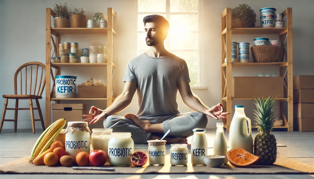 A man practicing yoga in a calm indoor setting, surrounded by probiotic foods like yogurt and kefir, promoting mental clarity and well-being.