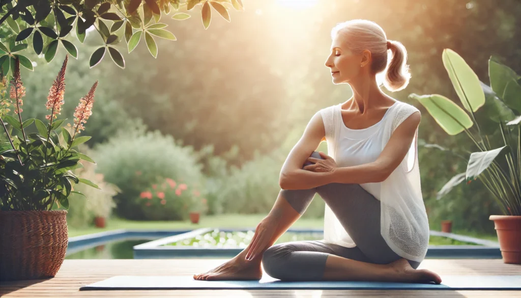 A serene yoga session featuring a mature woman practicing a gentle yoga pose in a peaceful outdoor setting. The image highlights flexibility and relaxation, symbolizing safe and effective menopause workouts.