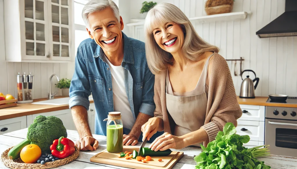 A senior couple smiling while preparing a nutritious meal in a bright kitchen, with a bottle of multivitamins subtly placed on the counter, highlighting the role of supplements in healthy aging.