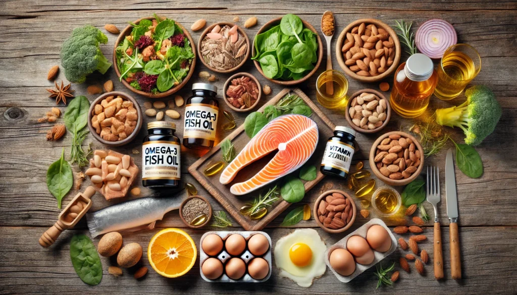 A rustic flat lay arrangement featuring essential supplements like omega-3 fish oil, vitamin D, magnesium, zinc, and CoQ10, displayed alongside nutritious foods such as salmon, leafy greens, nuts, and eggs on a wooden table with a warm, inviting ambiance.