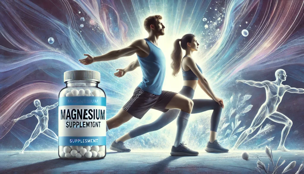 "An artistic representation of magnesium’s benefits for muscle recovery and relaxation, showing an athletic man and woman stretching with a glowing magnesium supplement bottle in the foreground and a calming blue and purple background."