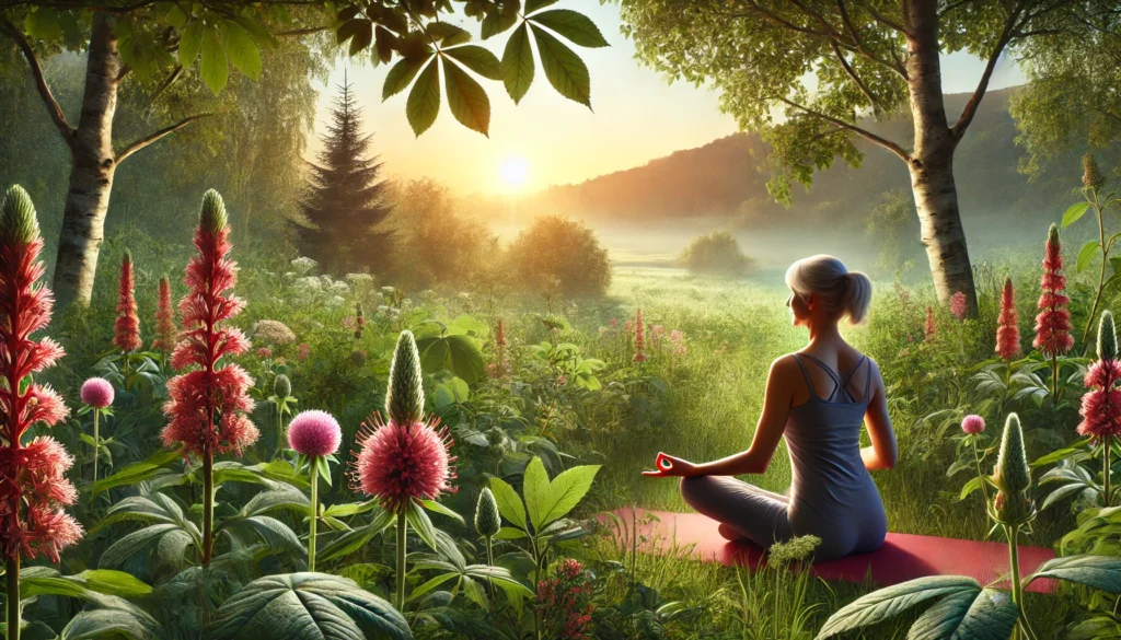 A serene natural setting featuring a middle-aged woman practicing yoga at sunrise, surrounded by lush greenery and hormone-balancing plants like black cohosh and red clover, symbolizing natural menopause support.