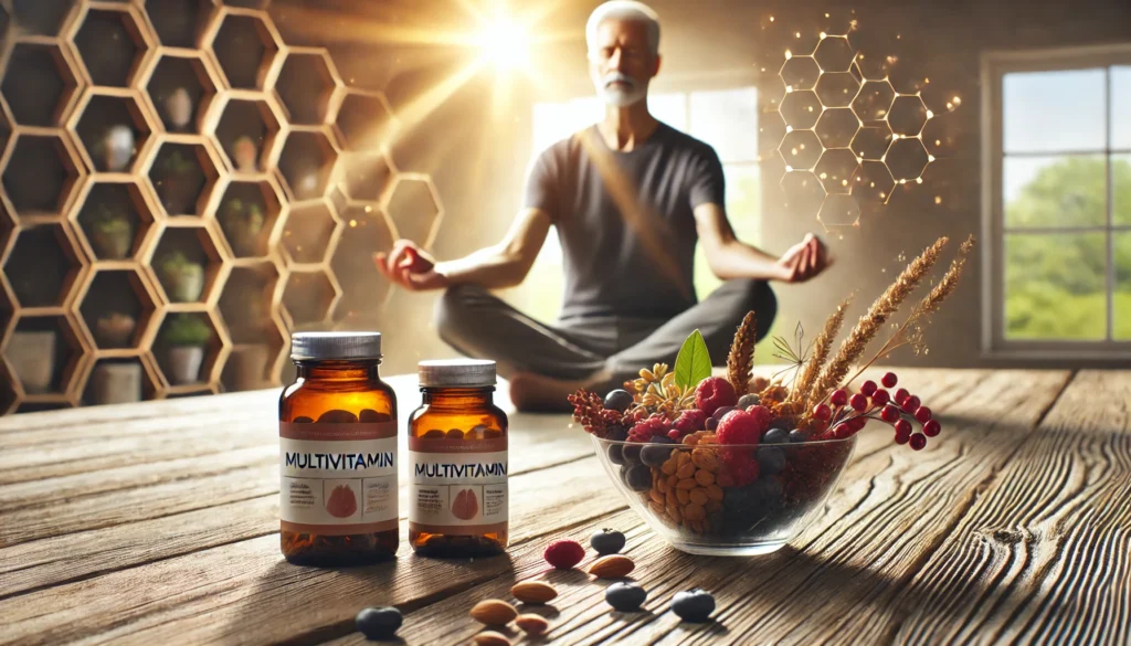 A serene wellness scene of a middle-aged man meditating in a sunlit room, with a close-up view of multivitamin bottles next to a bowl of fresh berries and nuts, illustrating holistic health and longevity.