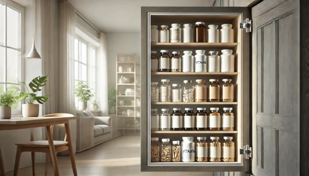 A well-organized home storage area with neatly arranged vitamin and supplement bottles in a transparent cabinet, illuminated by soft natural light, symbolizing proper supplement storage and long-term health benefits.