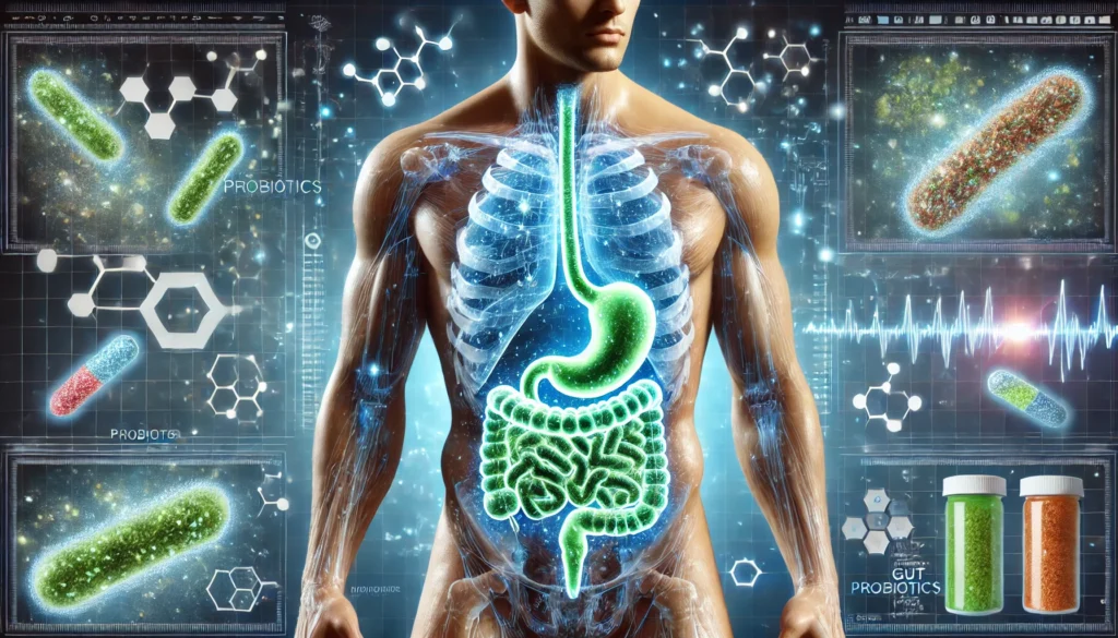 A futuristic visualization of men’s gut health, featuring a transparent male torso with a glowing digestive system, illuminated by beneficial bacteria against a high-tech background of holographic molecular structures and bio-digital elements.