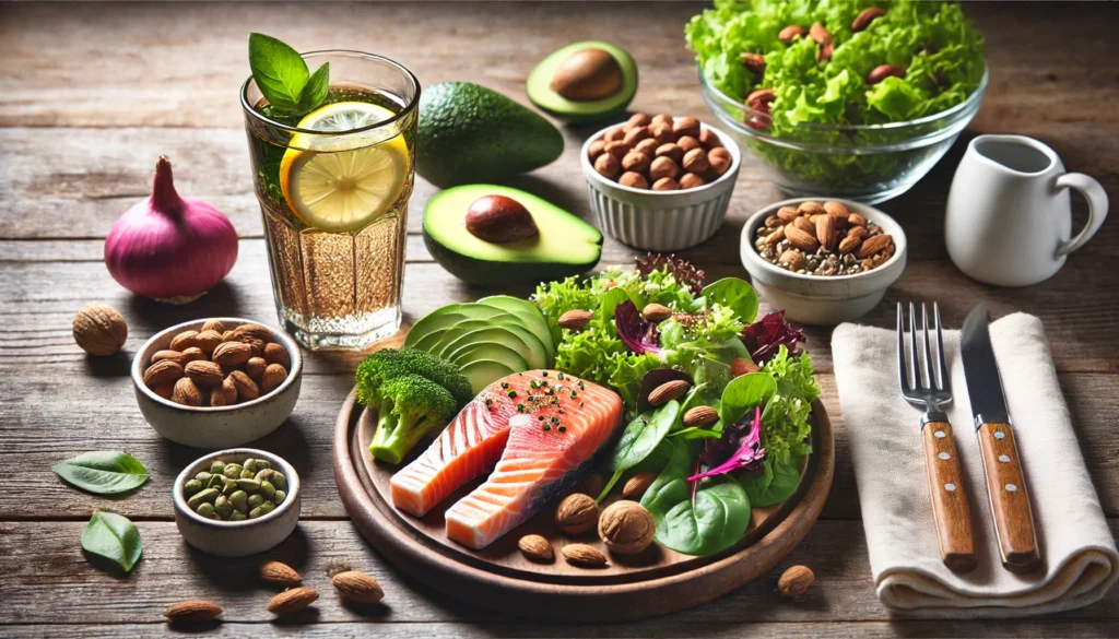 A close-up of a nutritious, balanced meal featuring omega-3-rich salmon, avocado, nuts, fresh greens, and a glass of infused water, emphasizing a holistic approach to weight management and hormone balance during perimenopause.