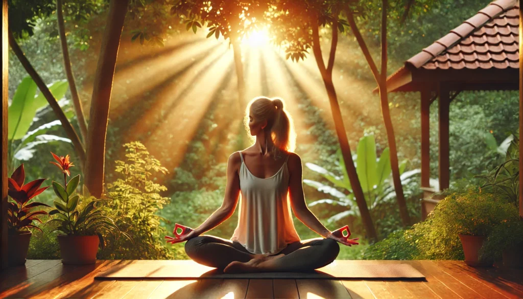 A serene middle-aged woman practicing yoga in a lush outdoor setting at sunset, symbolizing hormonal balance and well-being during menopause.