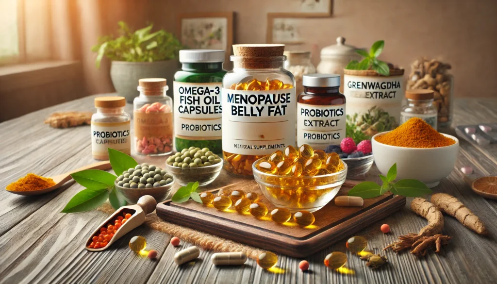  A wooden table with natural supplements for menopause weight loss, including omega-3 fish oil, green tea extract, probiotics, and ashwagandha, surrounded by turmeric root, green tea leaves, and berries.