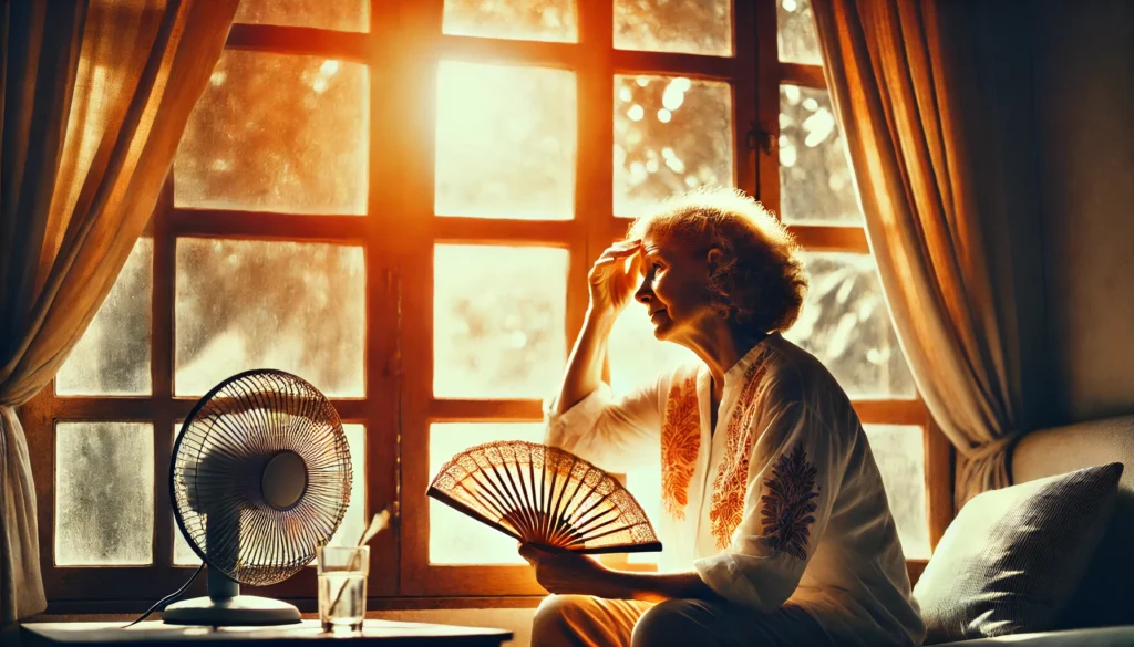 A middle-aged woman experiencing a hot flash, fanning herself near a window with warm sunlight highlighting her discomfort, symbolizing the challenges of menopause and the need for effective relief.