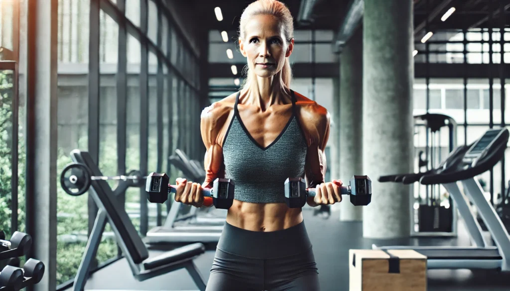 A middle-aged woman performing strength training with dumbbells in a well-lit gym, emphasizing muscle toning and resistance training for reducing menopause belly and boosting metabolism.