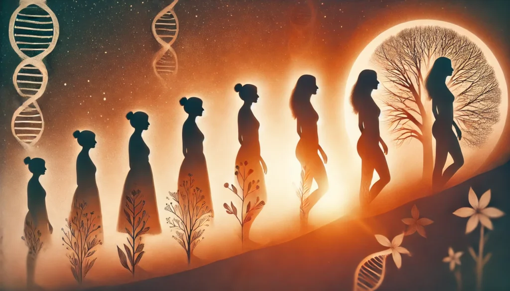 A conceptual artwork depicting a woman's life stages transitioning from early adulthood to middle age, with a background showing seasonal changes to symbolize hormonal shifts over time.