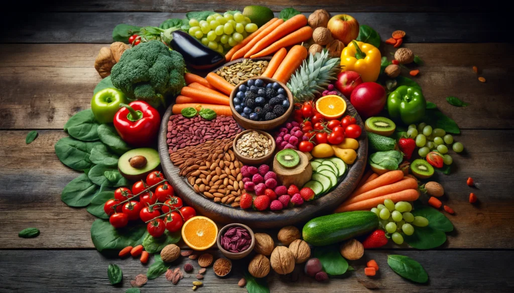 A colorful arrangement of fresh fruits, vegetables, nuts, and seeds on a rustic wooden table. This vibrant display highlights the importance of whole foods as natural sources of essential vitamins for men's strength and vitality.