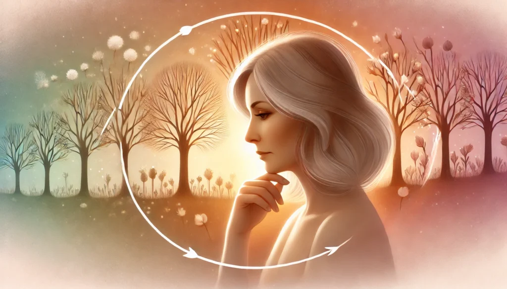 A symbolic digital illustration of a middle-aged woman with a thoughtful expression, standing against a background transitioning from spring to winter, representing the different stages of menopause. The serene atmosphere conveys a sense of natural change and hormonal transition.