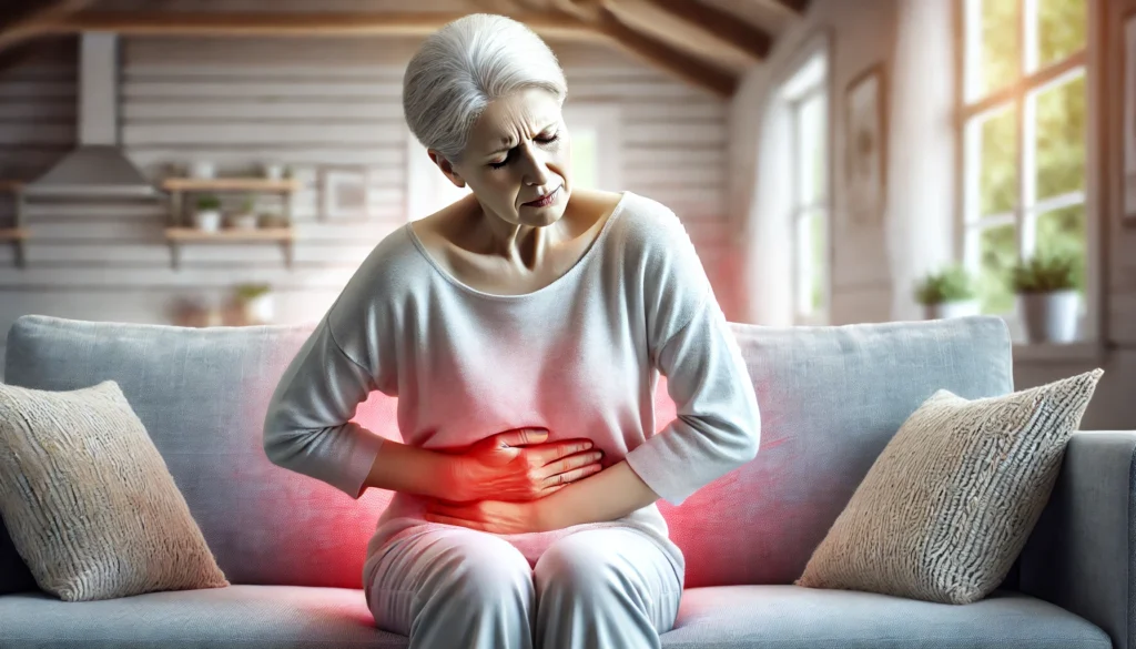 A realistic illustration of a mature woman sitting on a couch, holding her lower abdomen with a pained expression. A subtle red glow highlights the area of discomfort, visually representing post-menopausal cramps in a warm, home setting.