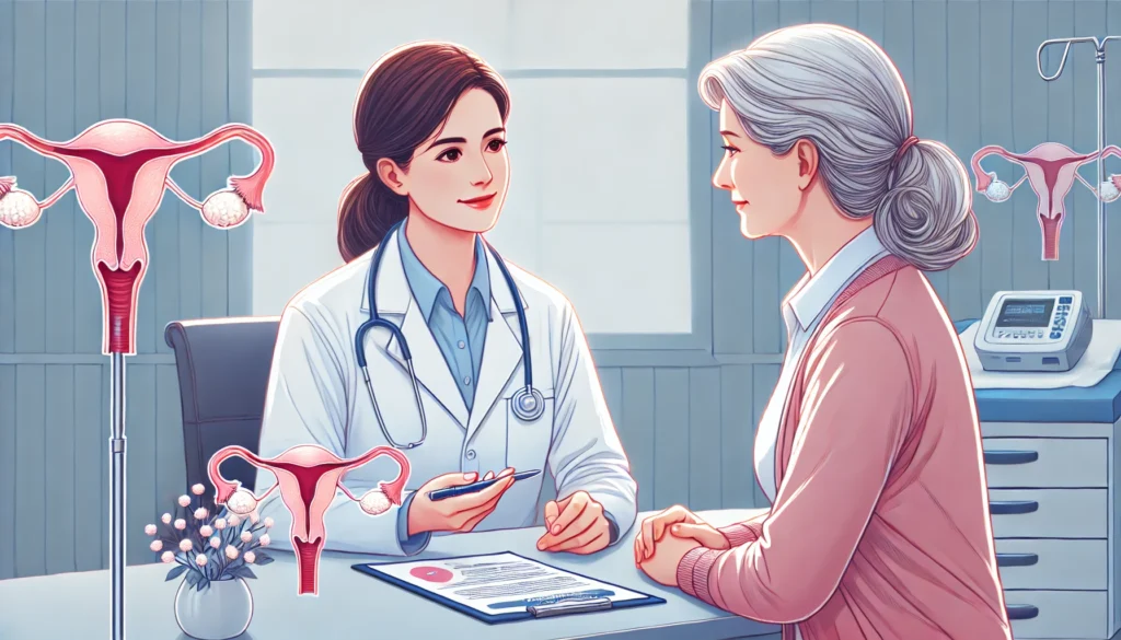  A medical illustration of a mature woman consulting a gynecologist in a clinical setting, discussing postmenopausal health concerns in a professional and caring environment.