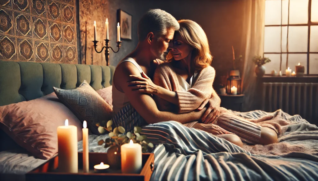 A serene bedroom with a middle-aged couple embracing tenderly under soft candlelight. The cozy atmosphere, warm lighting, and affectionate body language convey emotional closeness and rekindled intimacy during menopause.

