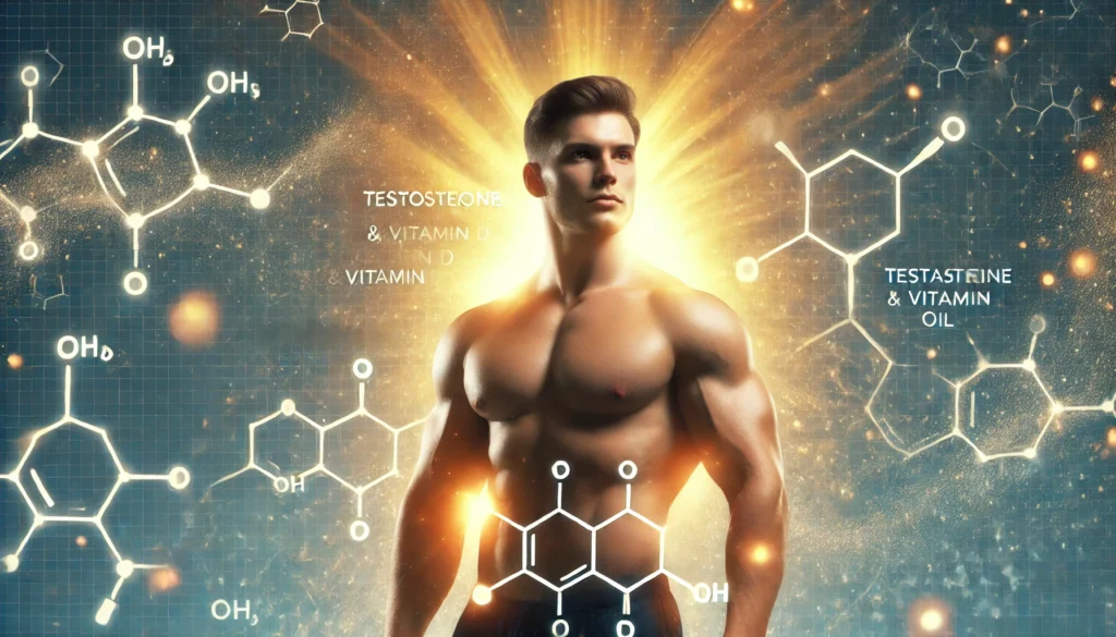 A muscular man standing confidently with a golden glow around him, with molecular structures of testosterone and vitamin D subtly integrated into the background. The image represents the role of cod liver oil in male hormonal balance and vitality.