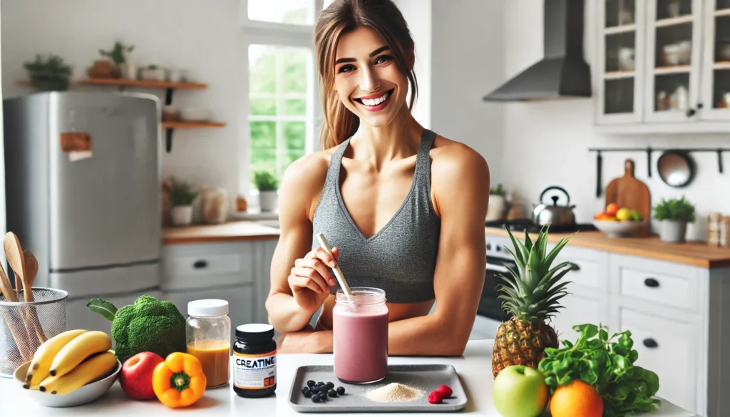 A healthy and active woman preparing a nutritious smoothie in a bright kitchen, surrounded by fresh fruits, protein sources, and supplements. The image visually represents the role of creatine in recovery, health, and vitality.