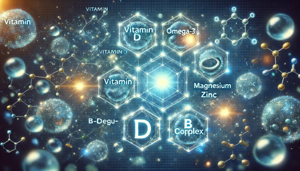 A futuristic, science-inspired visualization of molecular structures representing key vitamins, glowing against a deep blue background with particle effects, emphasizing the scientific foundation of essential nutrients.