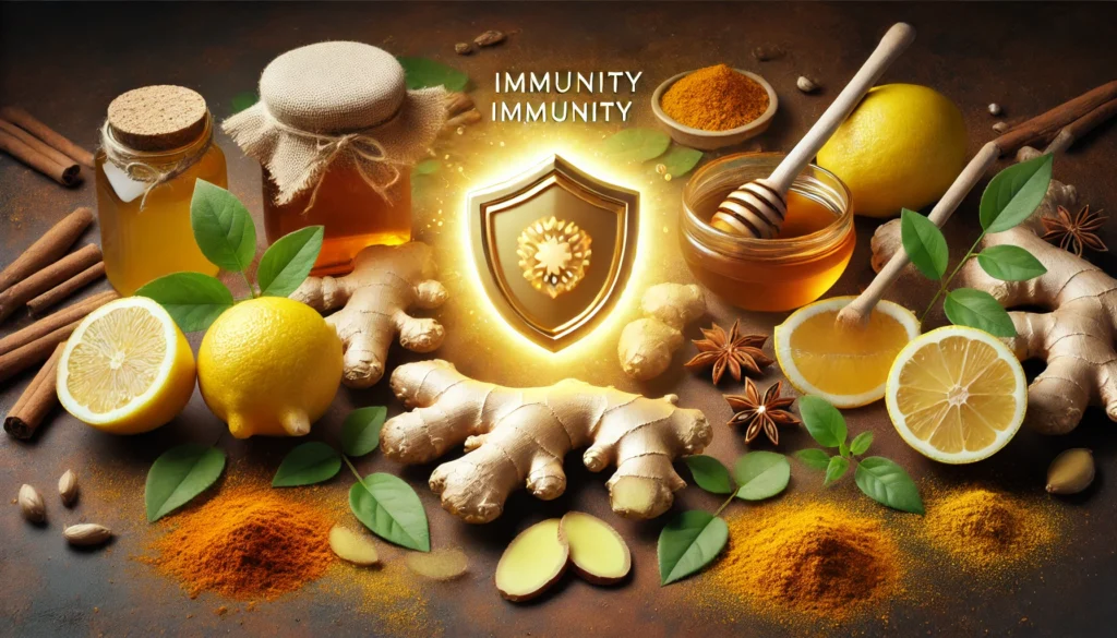 Fresh ginger roots and slices placed beside a glowing immune shield icon, with honey, lemon, and turmeric, symbolizing the immune-boosting properties of ginger.