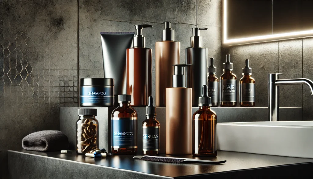 A premium display of high-quality hair growth products, including shampoos, serums, and supplements, arranged on a sleek bathroom counter.