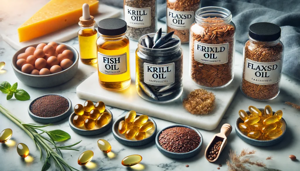 A comparison of different omega-3 supplement sources, including fish oil capsules, krill oil, flaxseed oil, and algae-based supplements, neatly arranged on a marble countertop with a soft-focus background.